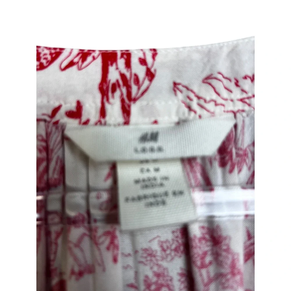 HM LOGG Red White Tropical Toile Tiered Midi Dress‎ V-Neck Drawstring Medium